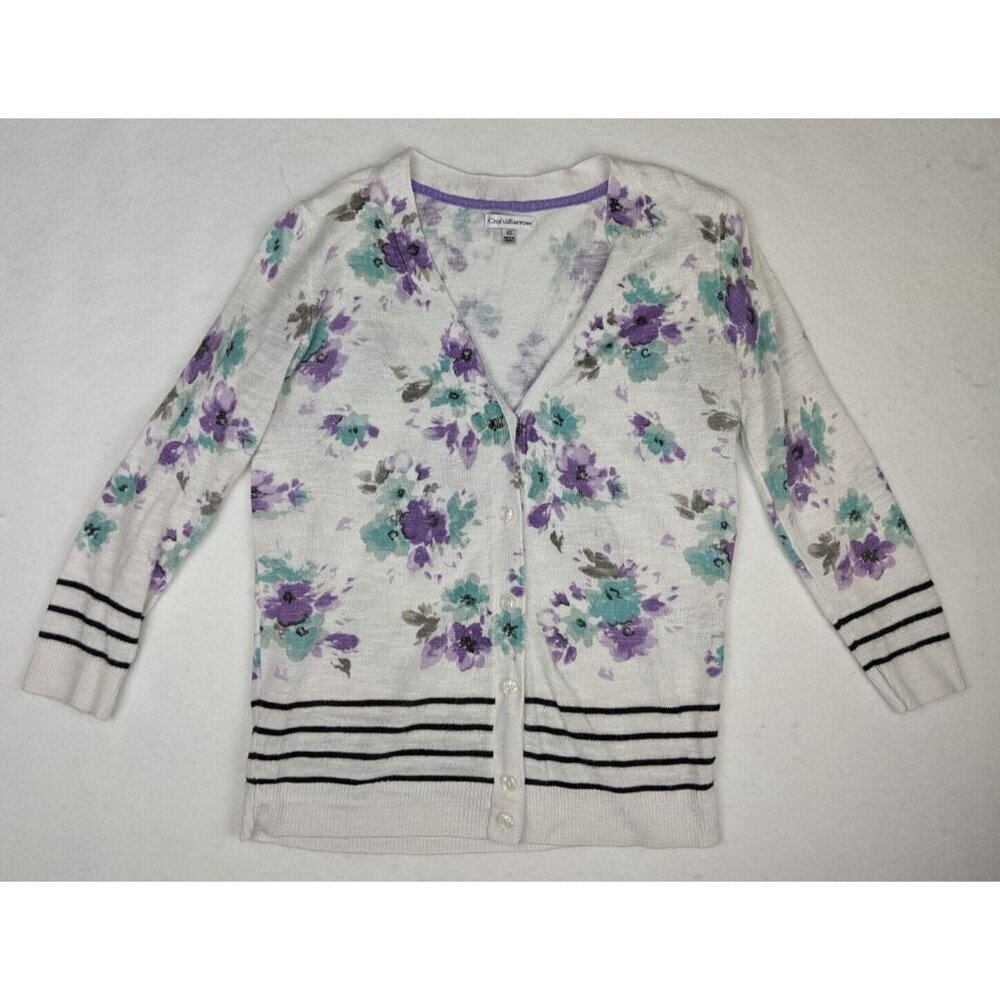 Croft & Barrow Women's Sweater Size XS White Floral Print 3/4 Sleeve Cardigan